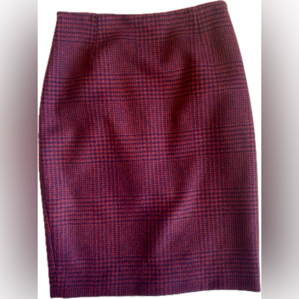 Hobbs London Wool Plaid Houndstooth Pencil Skirt Burgundy & Navy Abraham Moon